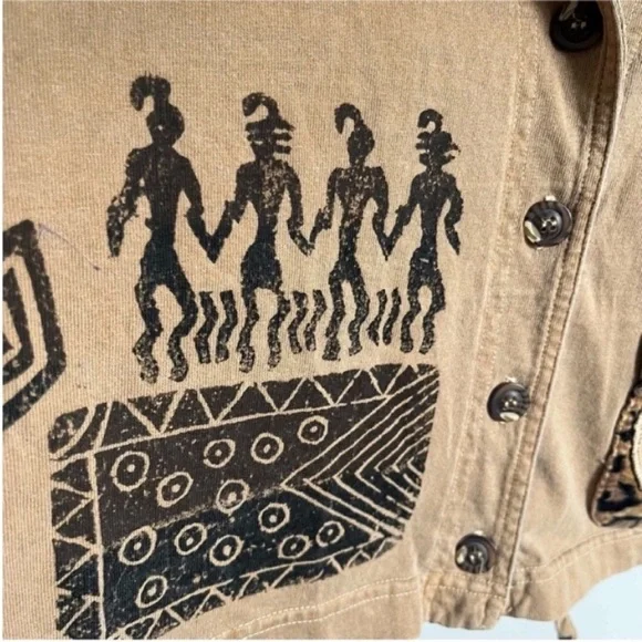 Nina Piccalino jacket tan brown African print crop vintage leopard drawstring - Picture 2 of 7